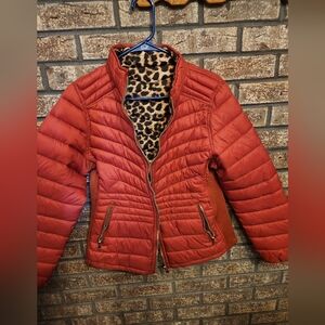 Orange Puffer Jacket with Leopard Print Inside Reversible Size Large